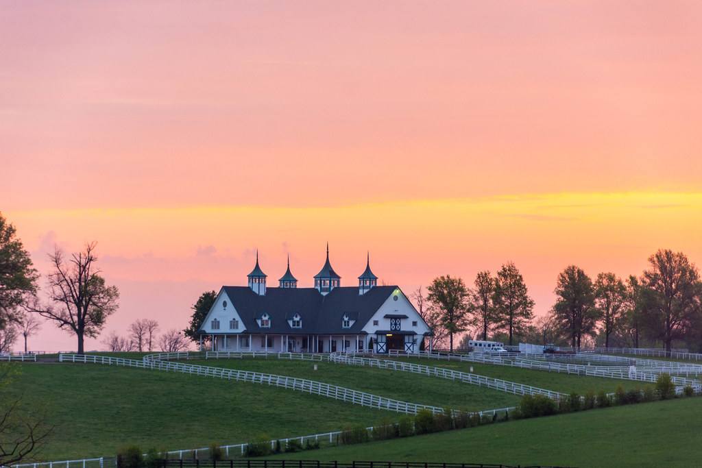 Kentucky horse farm at sunset